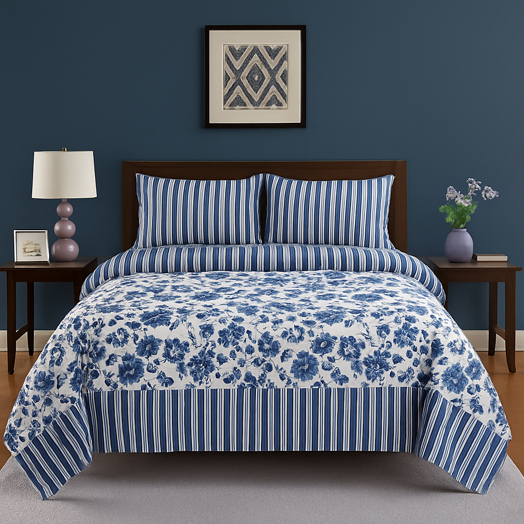Blue Floral & Striped Print Design Cotton Bedsheet COTTON CRAFT
