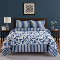 Blue Floral & Striped Print Design Cotton Bedsheet
