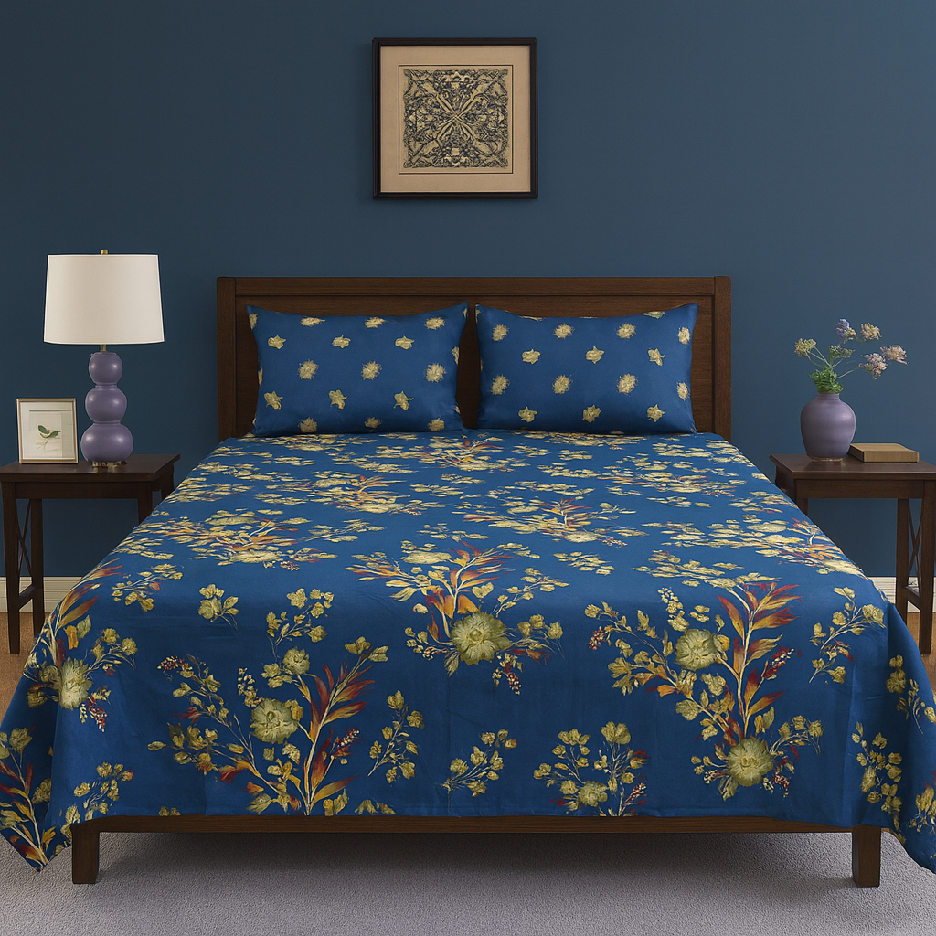 Royal Bloom Blue Floral Print Design Cotton Bedsheet COTTON CRAFT