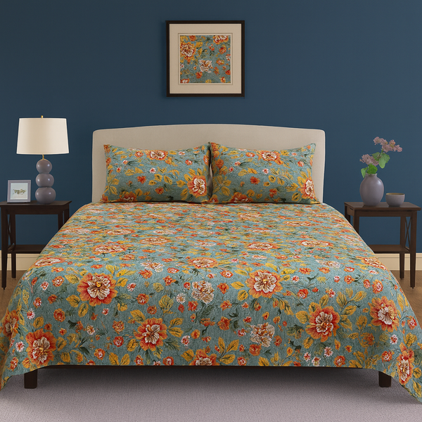 Autumn Bloom Pattern Crystal Cotton Printed Bedsheet