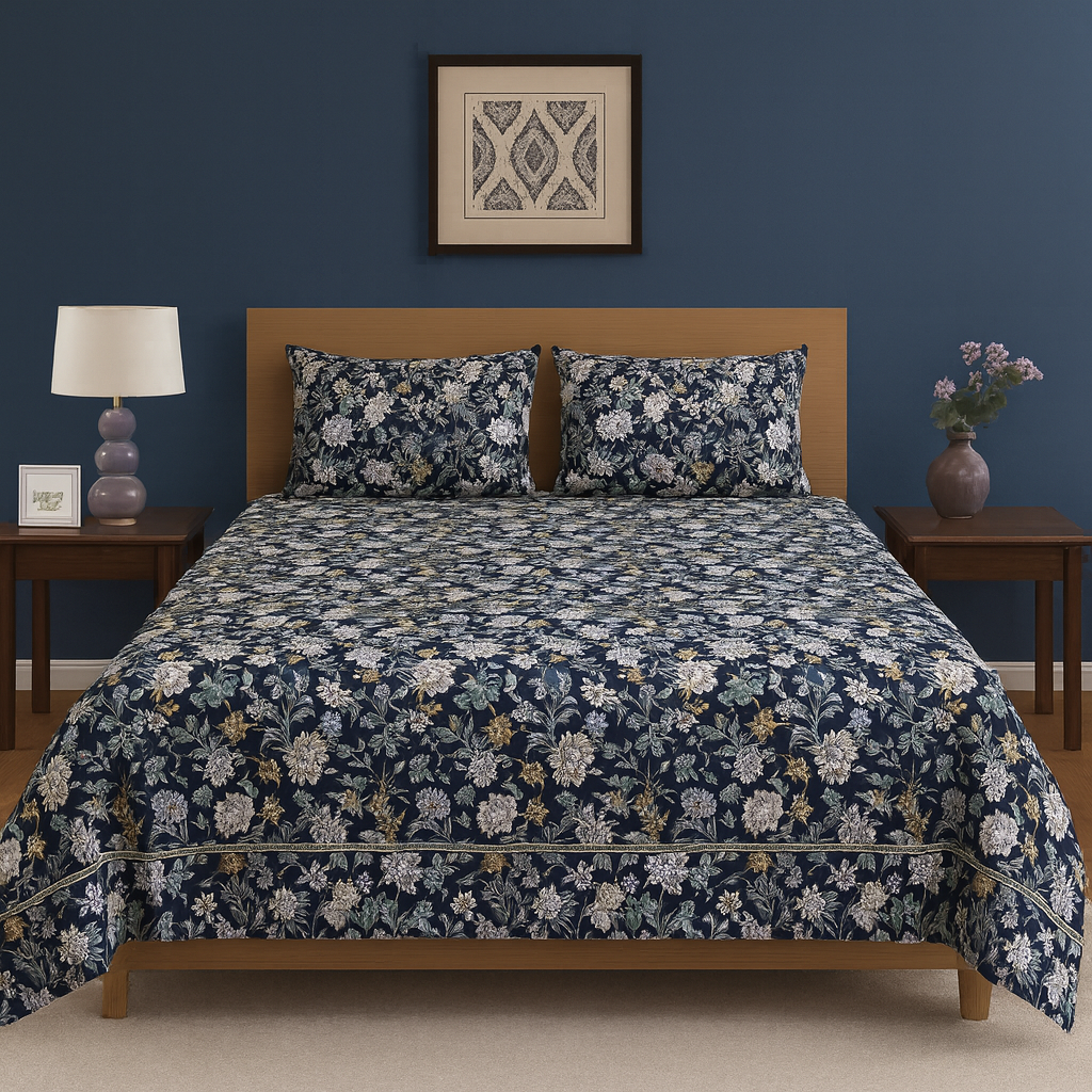 Majestic Bloom Floral Design Crystal Cotton Printed Bedsheet COTTON CRAFT