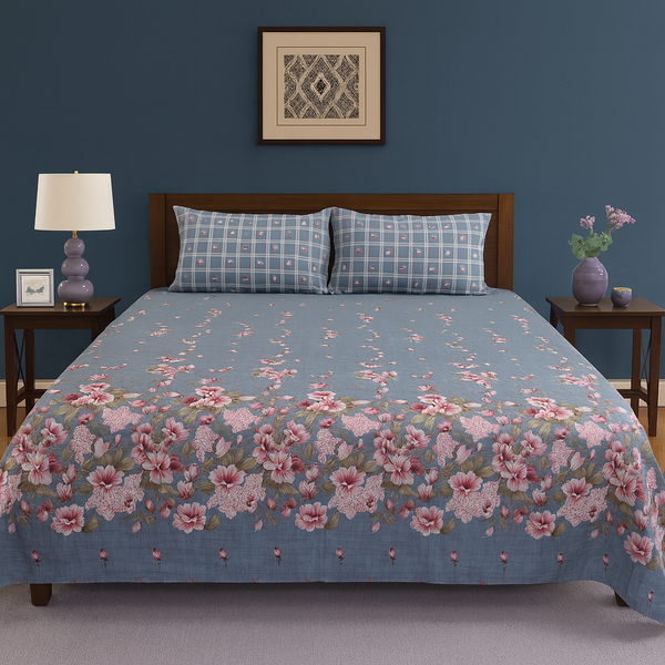 Grey & Pink Blossom Floral Print Design Cotton Bedsheet