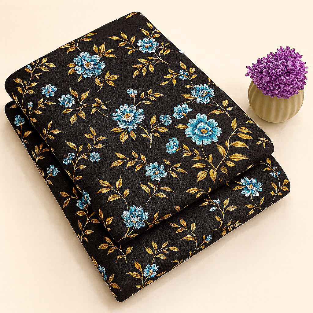 Blue Blossom on Black Print 2-Piece Unstitched Suit (D-291) COTTON CRAFT