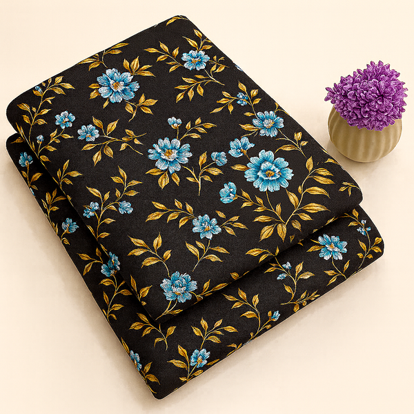 Blue Blossom on Black Print 2-Piece Unstitched Suit (D-291)