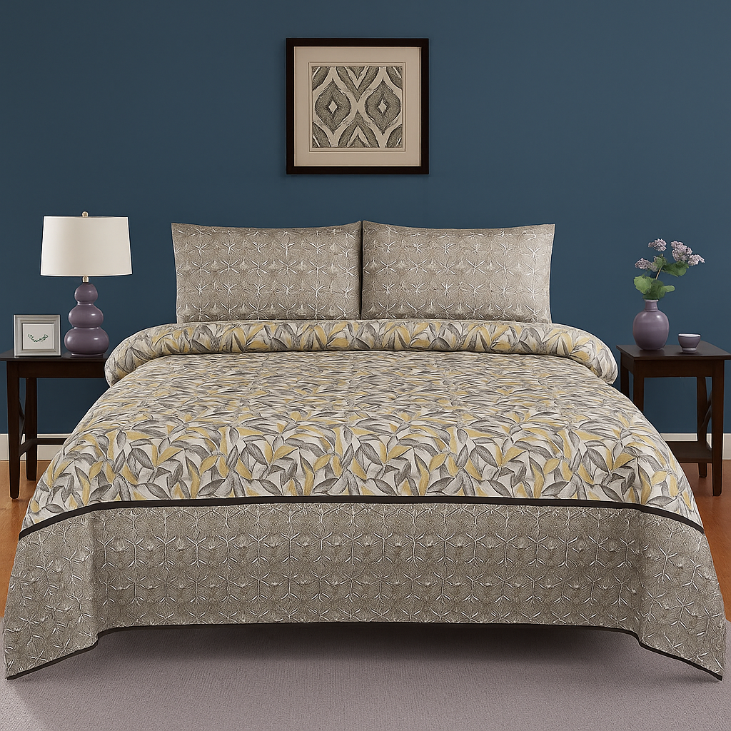 Elegant Beige & Yellow Modern Leaf Print Design Cotton Bedsheet COTTON CRAFT