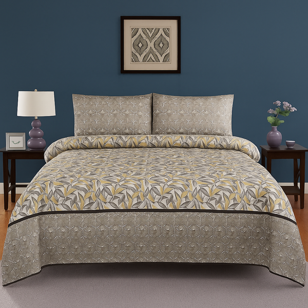 Elegant Beige & Yellow Modern Leaf Print Design Cotton Bedsheet