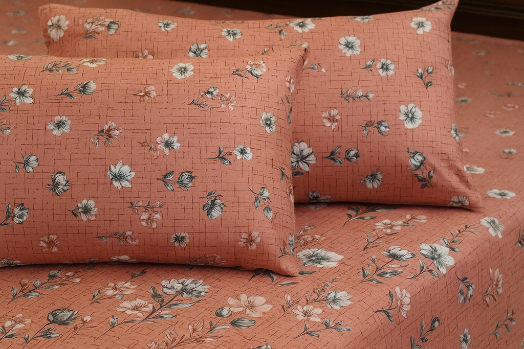 Coral Pink Floral Print Design Cotton Bedsheet COTTON CRAFT