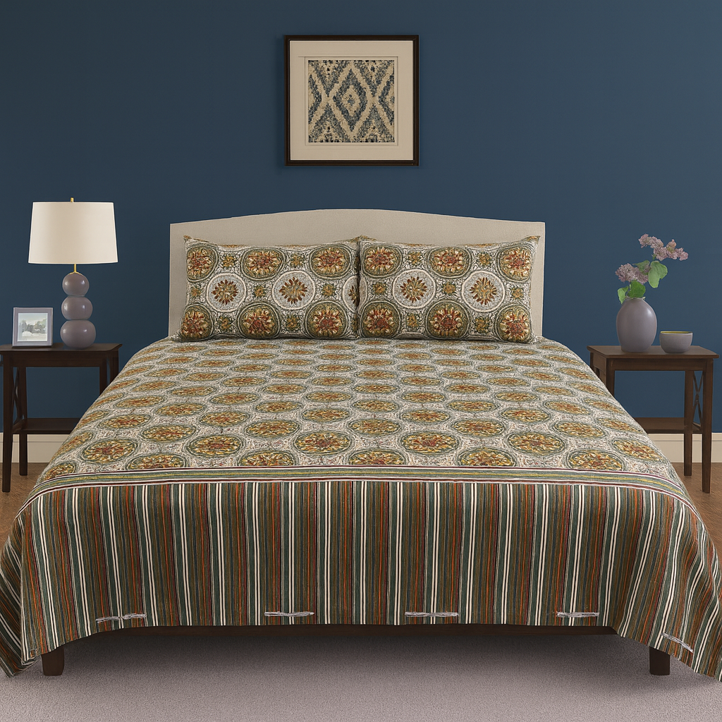 Exotic Bloom Reversible Coverlet Pattern Crystal Cotton Printed Bedsheet COTTON CRAFT