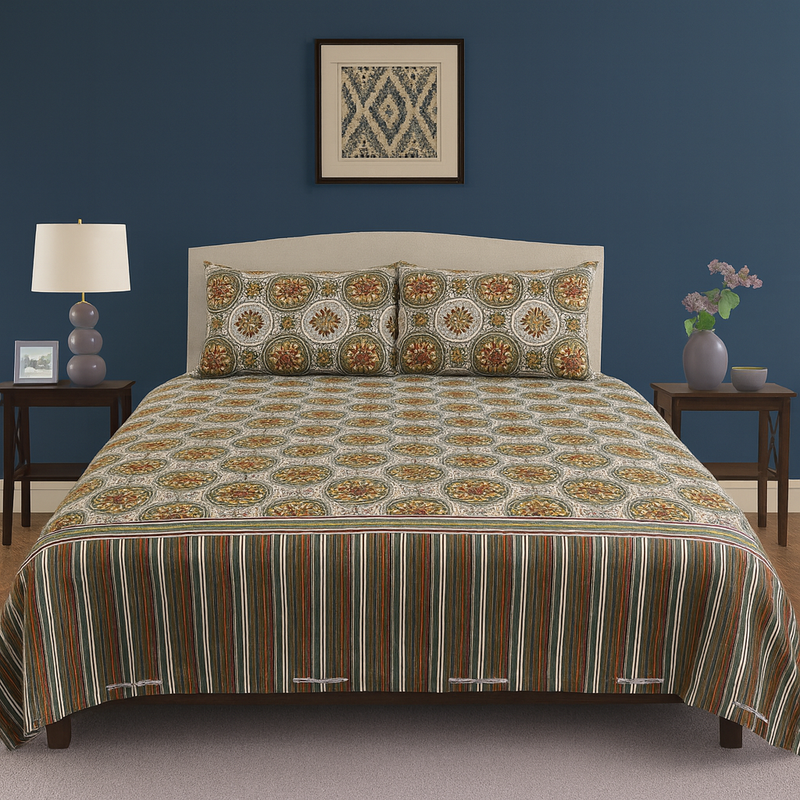 Exotic Bloom Reversible Coverlet Pattern Crystal Cotton Printed Bedsheet