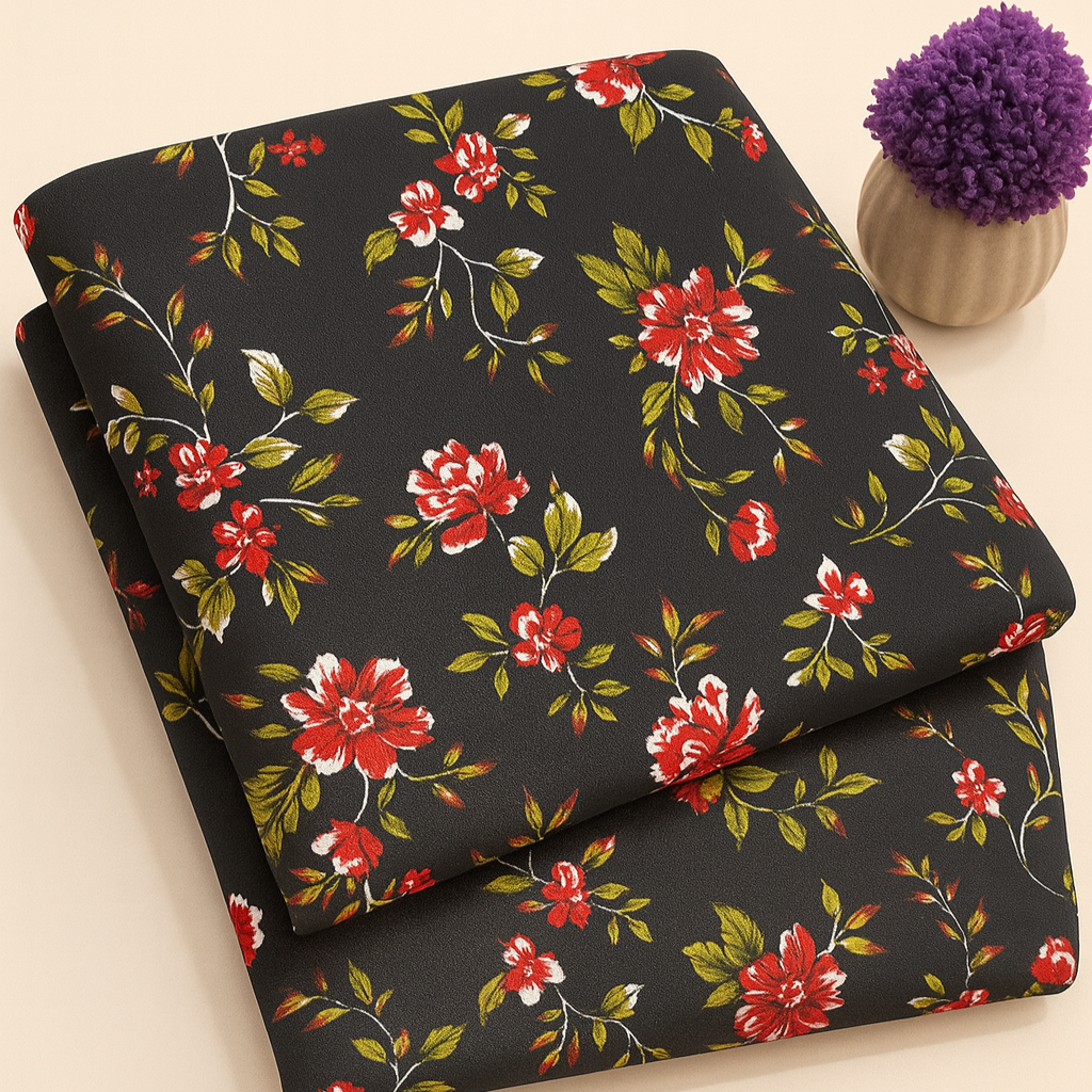 Red Blossom on Black Print 2-Piece Unstitched Suit (D-291) COTTON CRAFT
