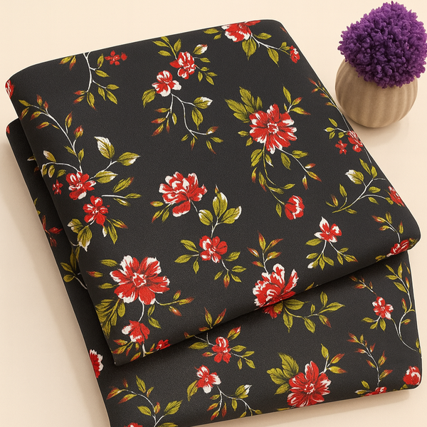 Red Blossom on Black Print 2-Piece Unstitched Suit (D-291)