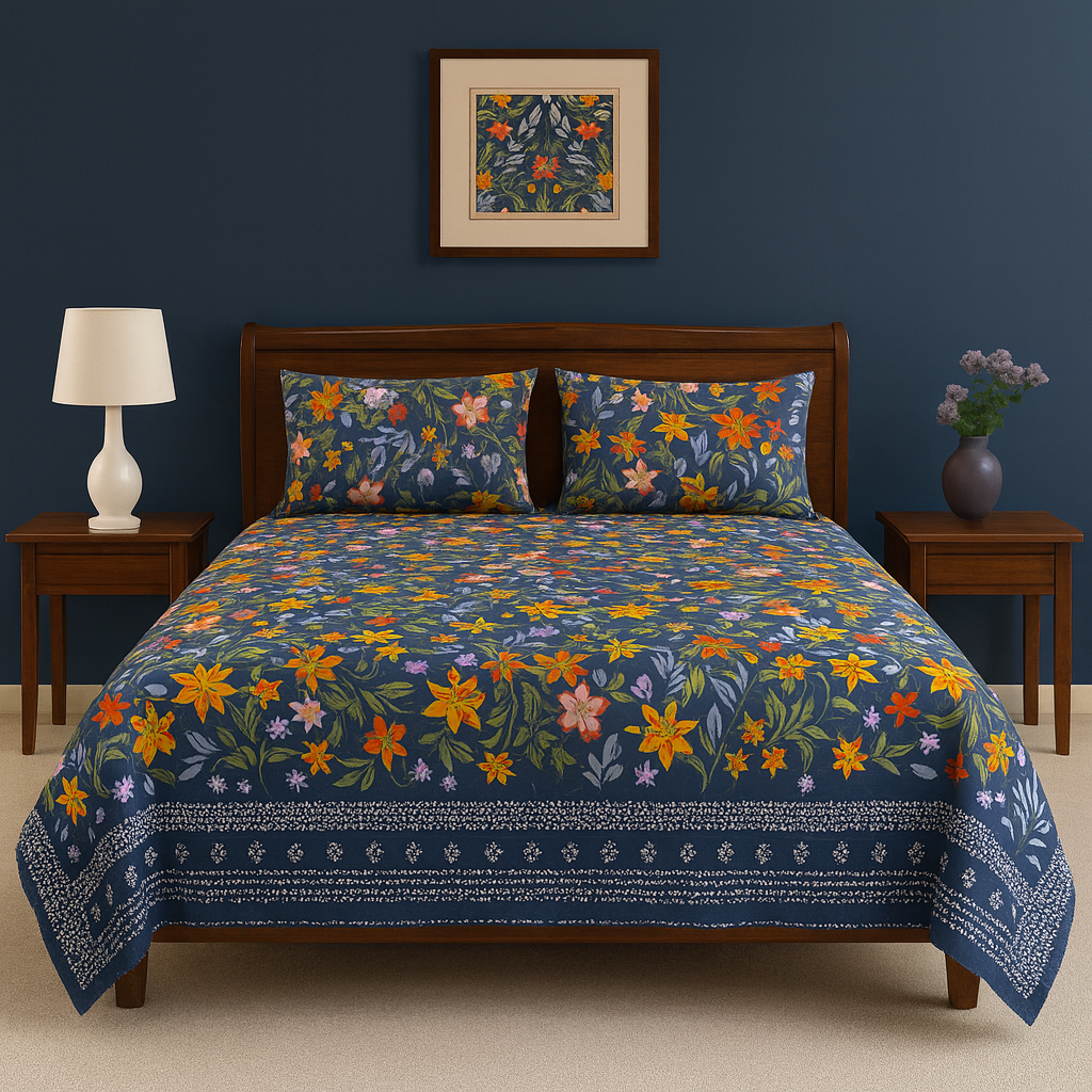 Midnight Botanical Bloom Navy Design Crystal Cotton Printed Bedsheet COTTON CRAFT