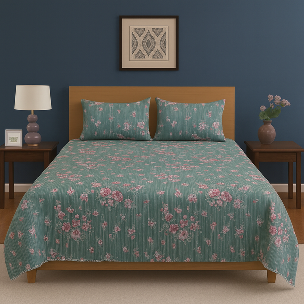 Blush Rose Garden Quilted Design Crystal Cotton Printed Bedsheet