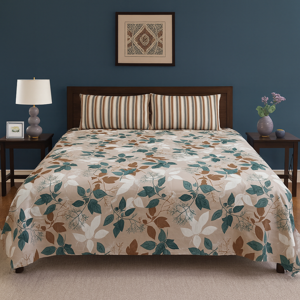 Beige Floral & Stripe Design Cotton Bedsheet