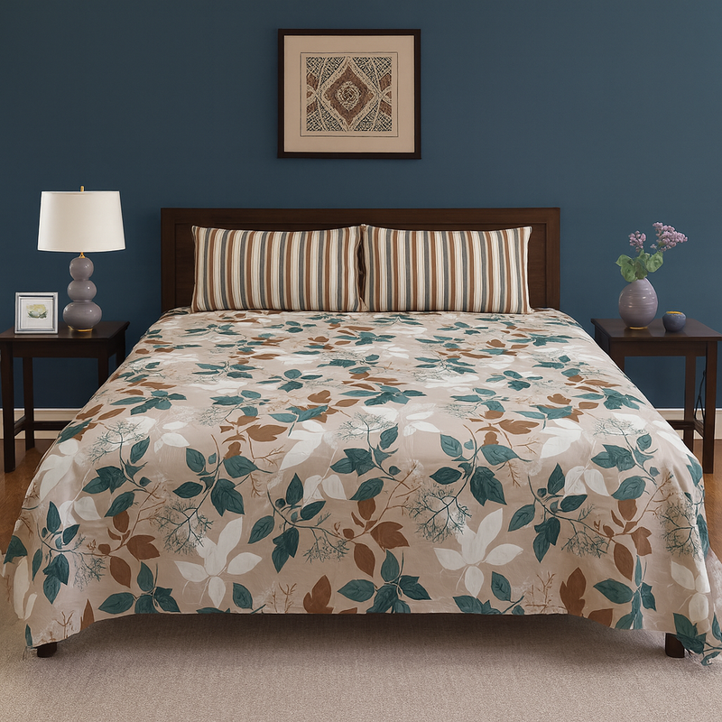 Beige Floral & Stripe Design Cotton Bedsheet