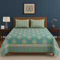 Teal Floral & Stripe Design Cotton Bedsheet COTTON CRAFT