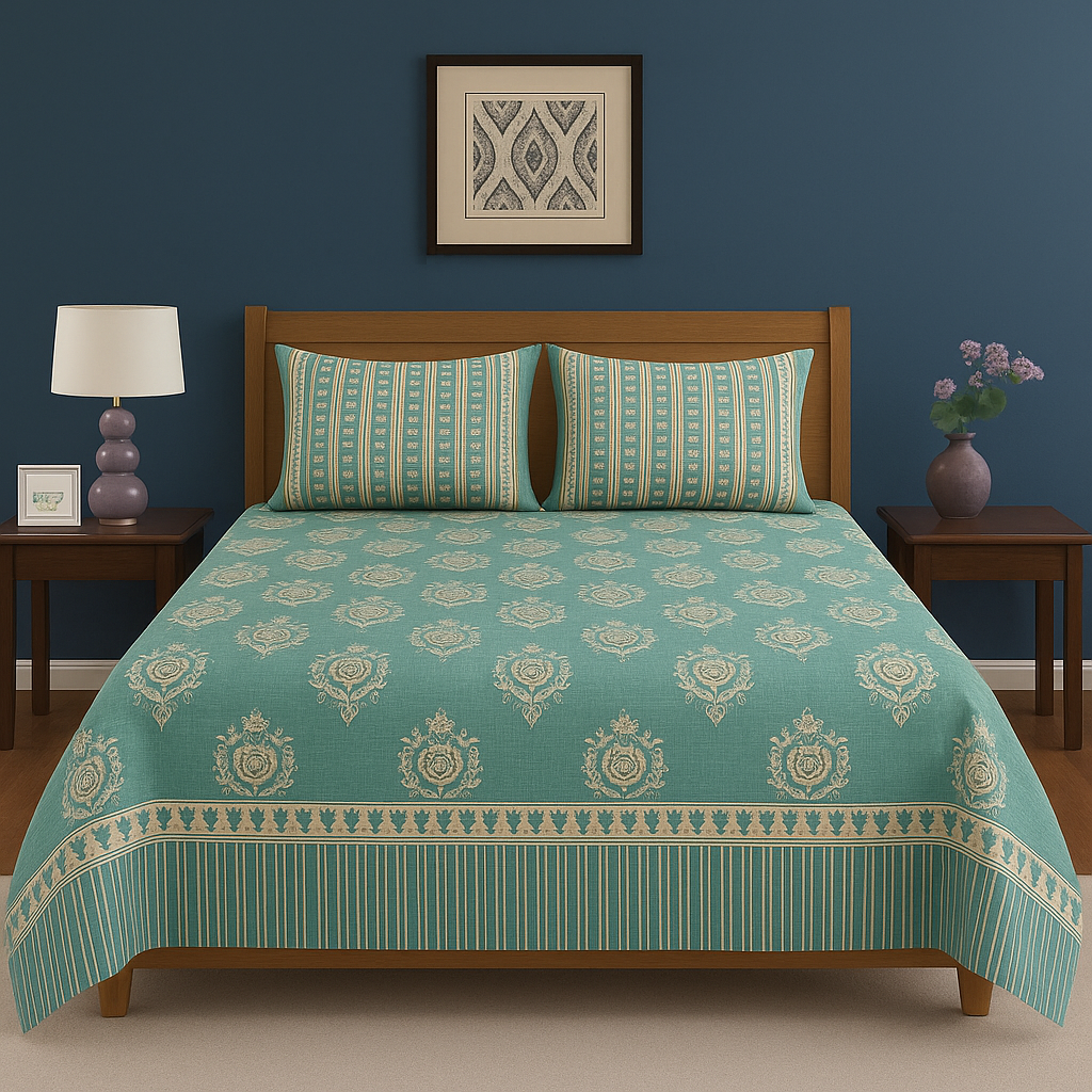 Teal Floral & Stripe Design Cotton Bedsheet COTTON CRAFT