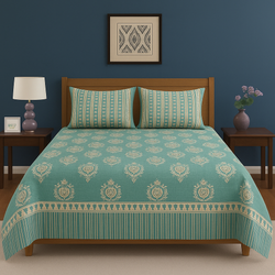 Teal Floral & Stripe Design Cotton Bedsheet