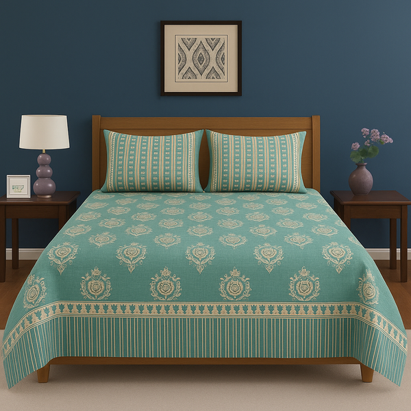 Teal Floral & Stripe Design Cotton Bedsheet