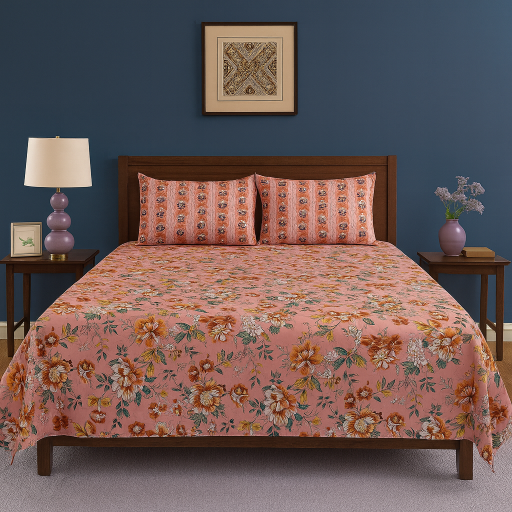 Peach Blossom Floral Floral Print Design Cotton Bedsheet COTTON CRAFT