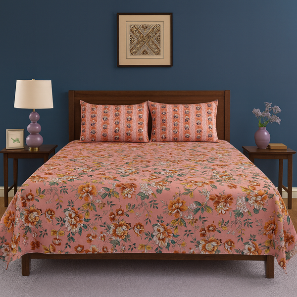 Peach Blossom Floral Floral Print Design Cotton Bedsheet