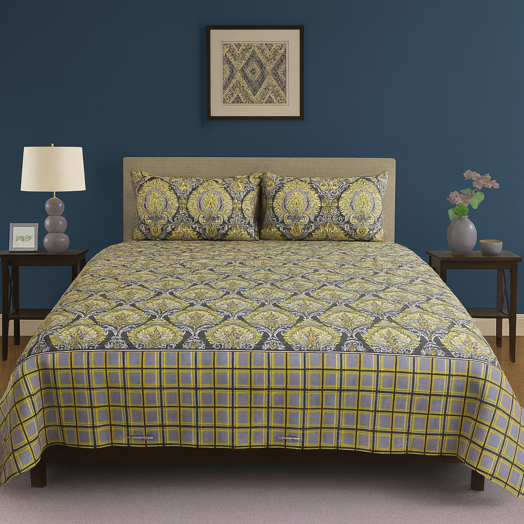 Golden Damask & Plaid Reversible Pattern Crystal Cotton Printed Bedsheet COTTON CRAFT