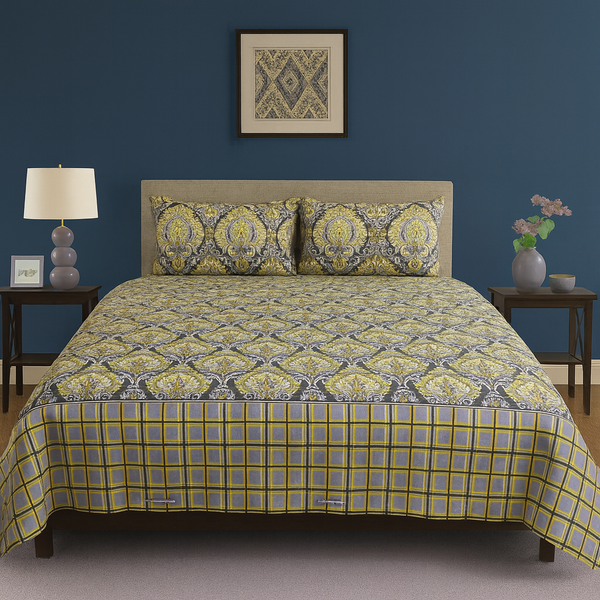Golden Damask & Plaid Reversible Pattern Crystal Cotton Printed Bedsheet