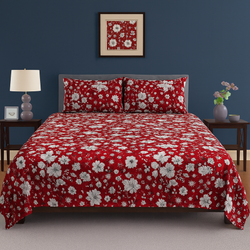 Red & White Botanical Blossom Design Crystal Cotton Printed Bedsheet