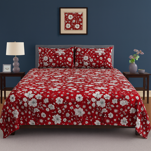 Red & White Botanical Blossom Design Crystal Cotton Printed Bedsheet
